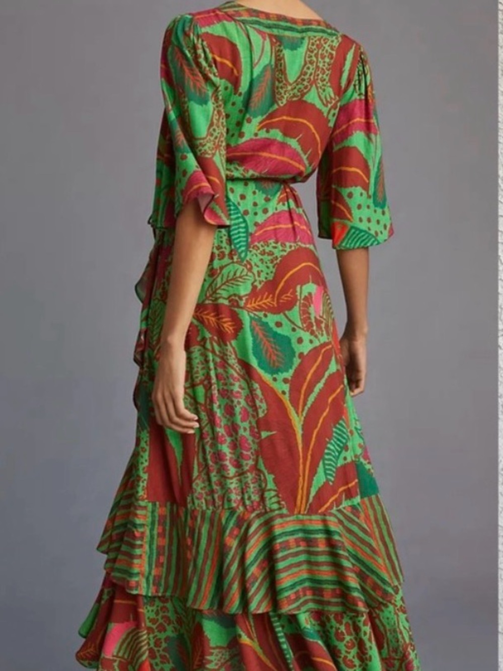 Farm Rio Tropical Floral Wrap Dress in Green & Red - Picture 3 of 11